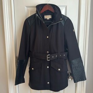 Michael Kors Belted Black Raincoat, Hood, Quilted Leather Sleeves, Silver Button